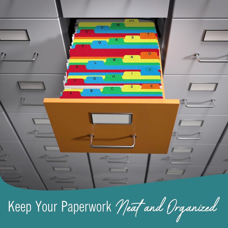 EXTRIC Alphabetical File Organizer, 25 Plastic Alphabet Dividers with Tabs Letter Size File Cabinet Dividers, Self Adhesive A-Z Labels – 5 Assorted Colors, 1/5 Cut Tabs for Filing Cabinet - Image 2